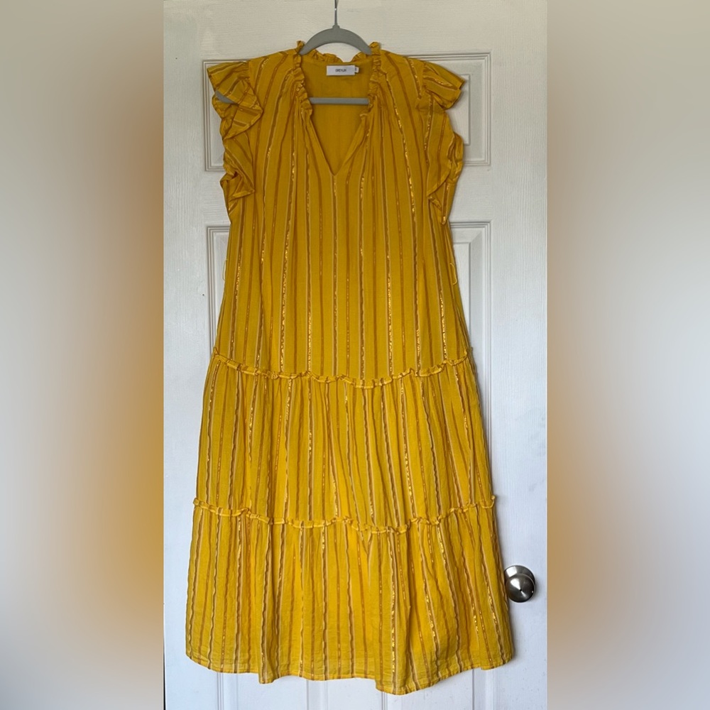 Greylin yellow and metallic gold midi drop-waist dress with pockets